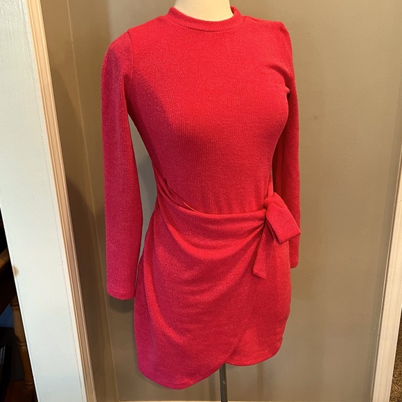 Lush Heathered Hot Pink Faux Wrap Sweater Dress, Size Small. - Picture 1 of 13